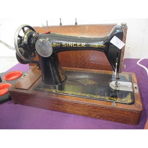 128 - VINTAGE SINGER SEWING MACHINE, WITH ORIGINAL DOMED CASE.