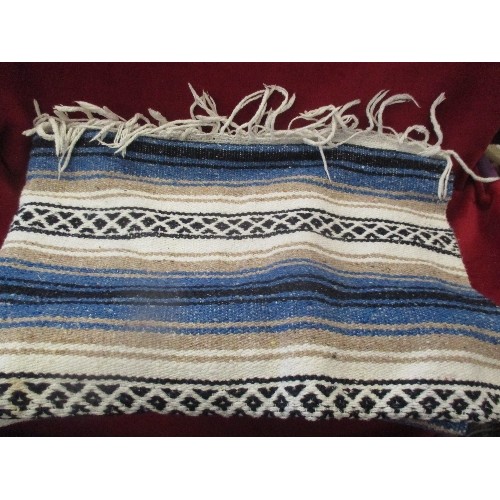 129 - ETHNIC RUG/ THROW WITH FRINGE. BLUE/CREAM/SAND/BLACK.