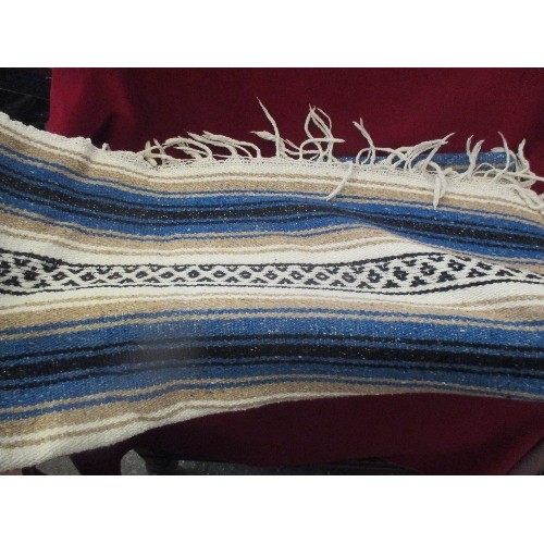 129 - ETHNIC RUG/ THROW WITH FRINGE. BLUE/CREAM/SAND/BLACK.