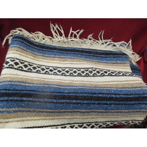 129 - ETHNIC RUG/ THROW WITH FRINGE. BLUE/CREAM/SAND/BLACK.