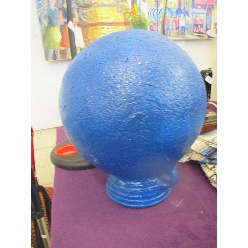 130 - LARGE RUSTIC EGYPTIAN POT WITH 2 HANDLES, ROUND BOTTOMED. PAINTED BLUE. APPROX 35CM DIAM.