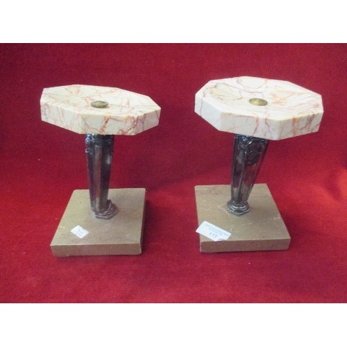 132 - A PAIR OF HEAVY ART DECO TABLE-STANDS, SILVER-PLATE & MARBLE. IDEAL FOR PILLAR CANDLES. 1 HAS DAMAGE... 