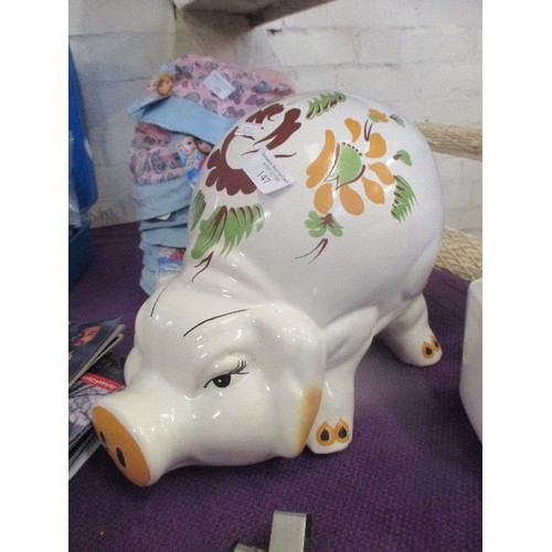 147 - VERY LARGE PIGGY-BANK. APPROX 40CM FROM SNOUT TO TAIL! CERAMIC WITH FLORAL DECRATION. ALSO 2 LOVELY ... 