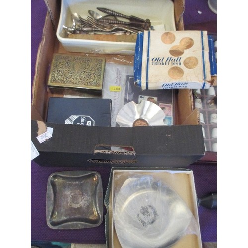 91 - BOX OF VINTAGE SILVER-PLATE ITEMS, INC CIGARETTE BOX, TRINKET DISH, CUTLERY.