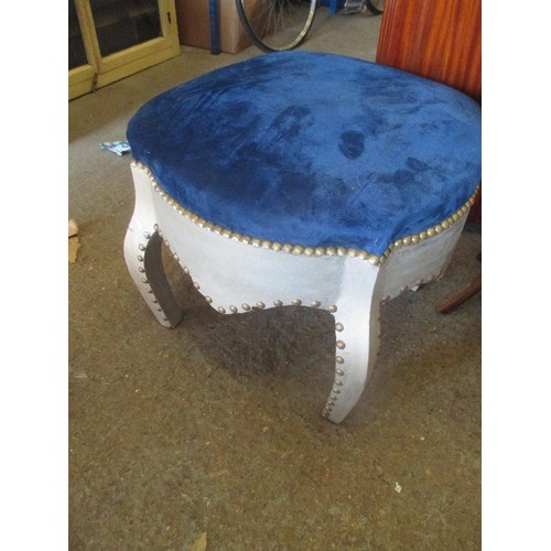 212 - LARGE DRESSING ROOM STOOL. BLUE VELVET UPHOLSTERY WITH BRASS STUDS - ON CABRIOLE LEGS - 64CM X 64CM ... 