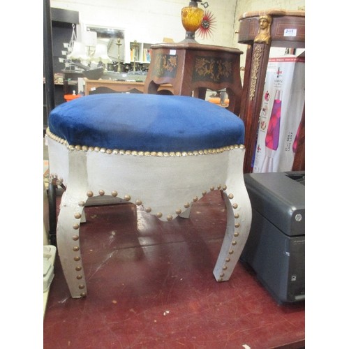 212 - LARGE DRESSING ROOM STOOL. BLUE VELVET UPHOLSTERY WITH BRASS STUDS - ON CABRIOLE LEGS - 64CM X 64CM ... 