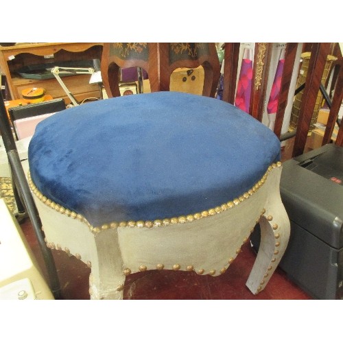 212 - LARGE DRESSING ROOM STOOL. BLUE VELVET UPHOLSTERY WITH BRASS STUDS - ON CABRIOLE LEGS - 64CM X 64CM ... 