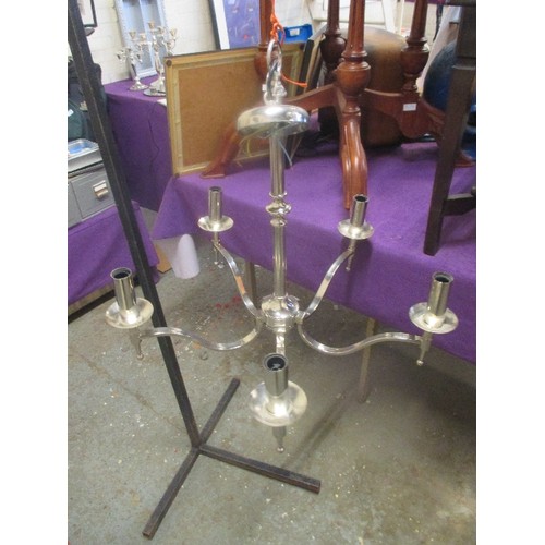 165 - 2 LARGE CONTEMPORARY CHANDELIERS. 5 ARM. CHROME FINISH. GOOD QUALITY.