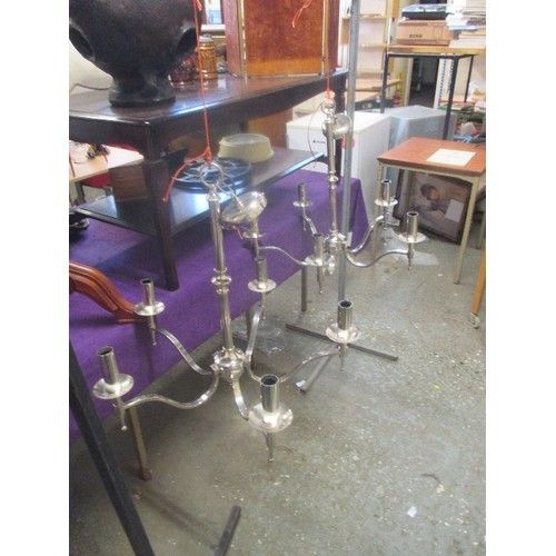 165 - 2 LARGE CONTEMPORARY CHANDELIERS. 5 ARM. CHROME FINISH. GOOD QUALITY.