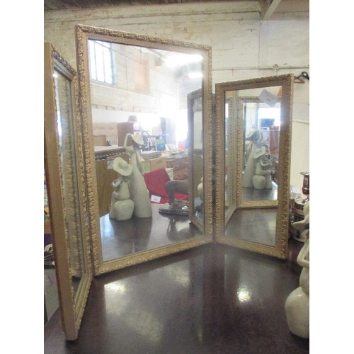 166 - VINTAGE TRIPLE SECTION GILT DRESSING TABLE MIRROR. CENTRE MIRROR IS 46 X 30CM