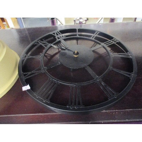 170 - 2 BATTERY WALL CLOCKS, THE IRON CLOCK WITH ROMAN NUMERALS IS 35CM DIAM.