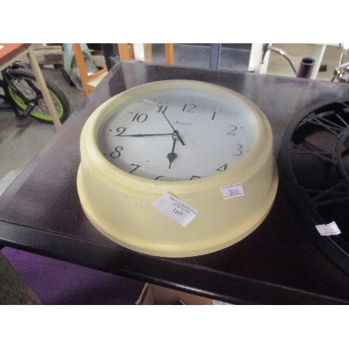 170 - 2 BATTERY WALL CLOCKS, THE IRON CLOCK WITH ROMAN NUMERALS IS 35CM DIAM.