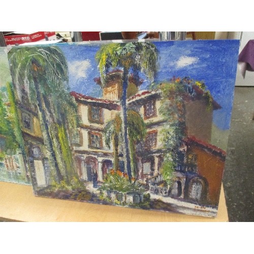 182 - 2 SIGNED OIL/ACRYLIC PAINTINGS [UNFRAMED] BY LOCAL ARTIST BRIAN LORDAN. 'CASA LERCARO' & 'MENAGIO'