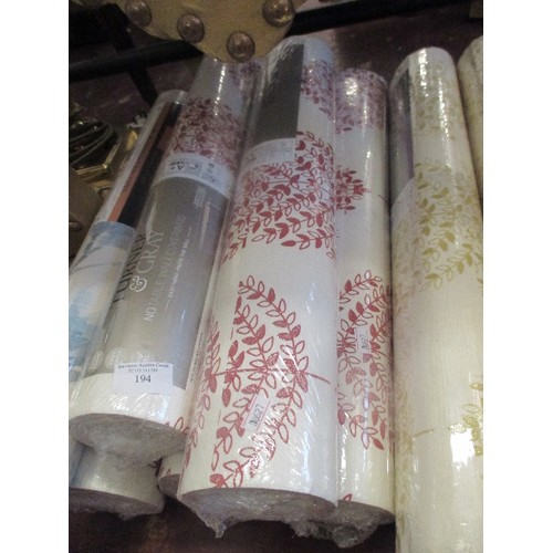 194 - WALLPAPER ROLLS, NEW & PACKAGED. TURNER & GRAY' 5 ROLLS ARE CREAM WITH BURGUNDY BRANCH PATTERN, 2 AR... 