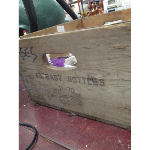 210 - VINTAGE WOODEN CRATE STAMPED: 'MOUSEC RICKMANSWORTH. 43 BABYS BOTTLES'  CRATE CONTAINS MISCELLANEOUS... 