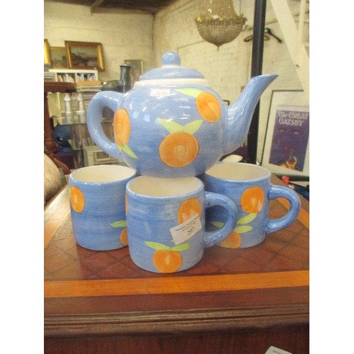 207 - TEAPOT & MATCHING MUGS FROM WOOLWORTHS! SKY-BLUE WITH ORANGES! [1 MUG HAS A SMALL CHIP]