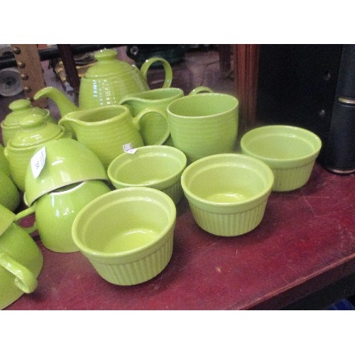 206 - LIME GREEN TEAPOT & MILK JUGS, ALSO MATCHING LIDDED POTS, RAMEKINS, CONDIMENT SET, AND LARGE TEA-CUP... 