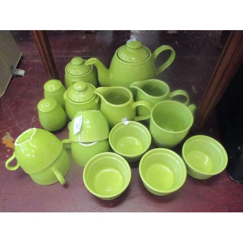 206 - LIME GREEN TEAPOT & MILK JUGS, ALSO MATCHING LIDDED POTS, RAMEKINS, CONDIMENT SET, AND LARGE TEA-CUP... 