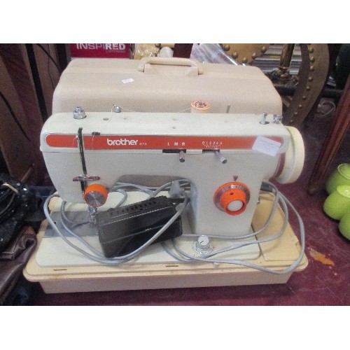 203 - RETRO-VINTAGE BROTHER ELECTRIC SEWING MACHINE, CREAM & ORANGE. WITH CASE.