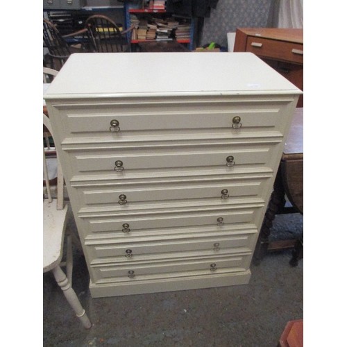 295 - 6 DRAWER CHEST OF DRAWERS IN CREAM. 75 X 45 X 100CM.