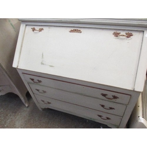 297 - LARGE BUREAU WITH THREE DRAWERS. THE FALL FRONT ENCLOSING 7 SMALL DRAWERS - PALE GREY BLUE DISTRESSE... 