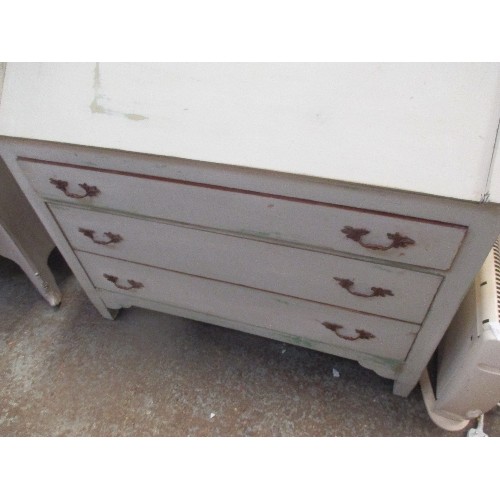 297 - LARGE BUREAU WITH THREE DRAWERS. THE FALL FRONT ENCLOSING 7 SMALL DRAWERS - PALE GREY BLUE DISTRESSE... 