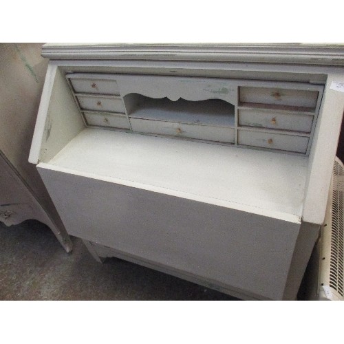 297 - LARGE BUREAU WITH THREE DRAWERS. THE FALL FRONT ENCLOSING 7 SMALL DRAWERS - PALE GREY BLUE DISTRESSE... 