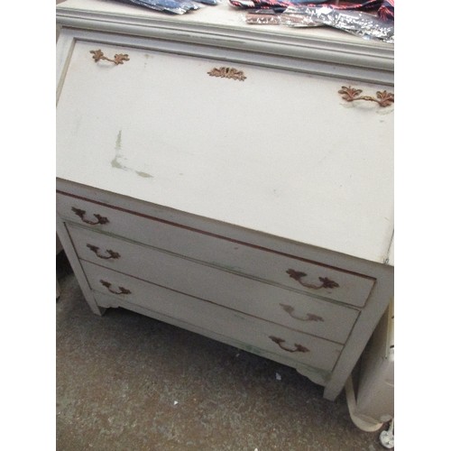 297 - LARGE BUREAU WITH THREE DRAWERS. THE FALL FRONT ENCLOSING 7 SMALL DRAWERS - PALE GREY BLUE DISTRESSE... 