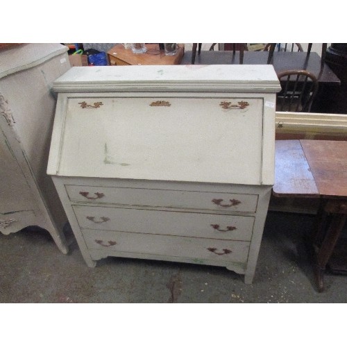 297 - LARGE BUREAU WITH THREE DRAWERS. THE FALL FRONT ENCLOSING 7 SMALL DRAWERS - PALE GREY BLUE DISTRESSE... 