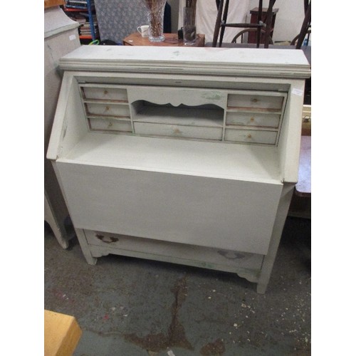 297 - LARGE BUREAU WITH THREE DRAWERS. THE FALL FRONT ENCLOSING 7 SMALL DRAWERS - PALE GREY BLUE DISTRESSE... 