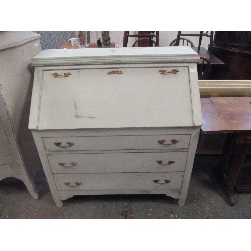 297 - LARGE BUREAU WITH THREE DRAWERS. THE FALL FRONT ENCLOSING 7 SMALL DRAWERS - PALE GREY BLUE DISTRESSE... 