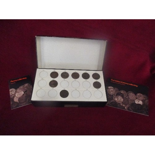 239 - A PENNY COLLECTION PART SET IN BOX WITH COIN LEAVES AND DATES