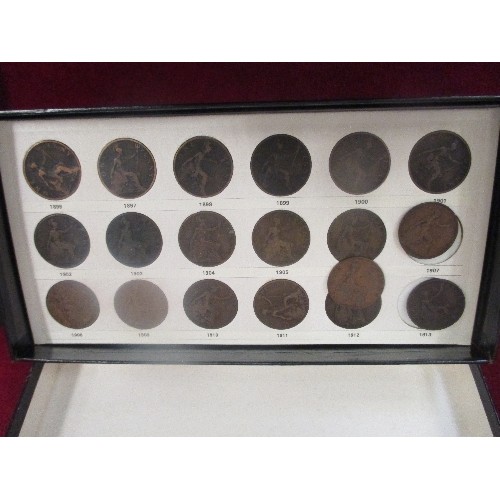 239 - A PENNY COLLECTION PART SET IN BOX WITH COIN LEAVES AND DATES