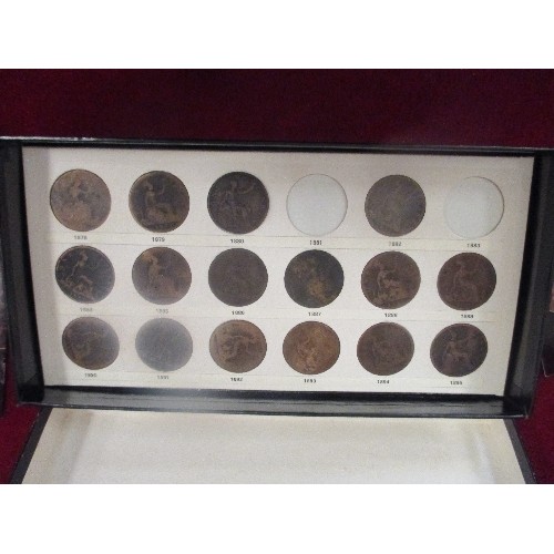 239 - A PENNY COLLECTION PART SET IN BOX WITH COIN LEAVES AND DATES