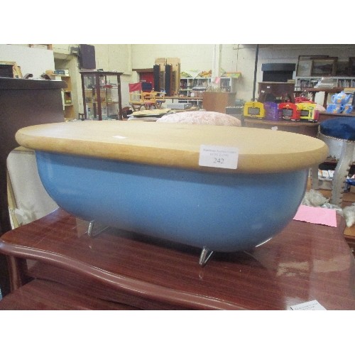 242 - UNUSUAL BREAD BIN IN ENAMEL ON METAL FEET WITH BREAD BOARD IN RESTING ON THE TOP - ALMOST ROLLTOP BA... 