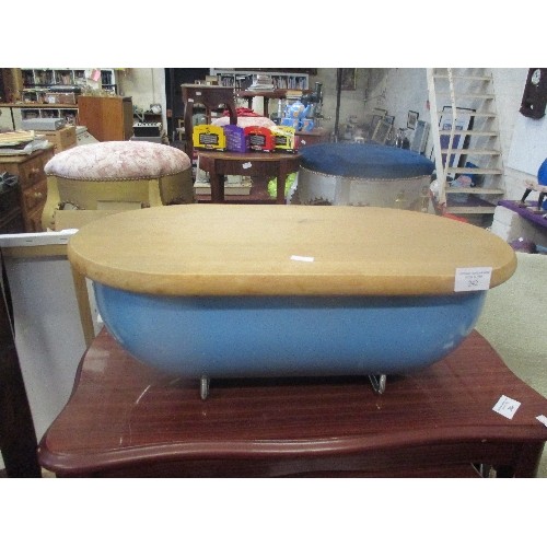 242 - UNUSUAL BREAD BIN IN ENAMEL ON METAL FEET WITH BREAD BOARD IN RESTING ON THE TOP - ALMOST ROLLTOP BA... 