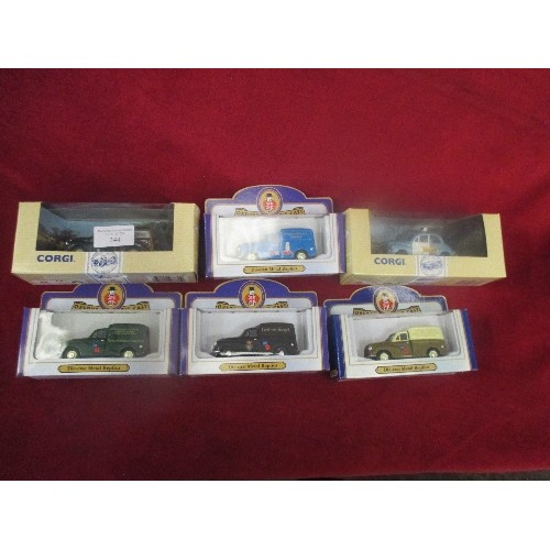 244 - 6 X MODEL VEHICLES (2 CORGI MORRIS MINOR TRAVELLER,  MORRIS MINOR SALOON AND  4 X OXFORD DIE CAST) A... 