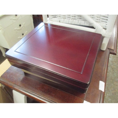 271 - COIN DISPLAY BOX, MAHOGANY EFFECT WITH BLACK VELOUR INTERNAL COIN COMPARTMENTS