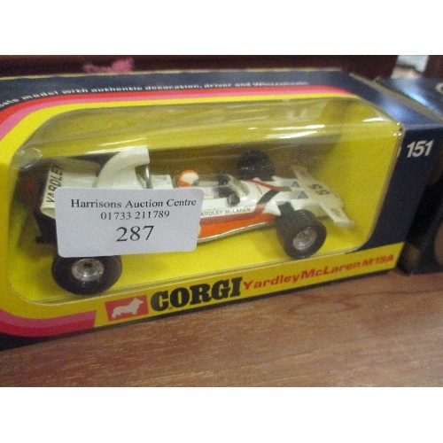 287 - 3 X CORGI COLLECTORS CARS -  WHIZZWHEELS SURTEES T.S. F/1 RACING CAR,  YARDLEY MCLAREN M19A, JOHN PL... 