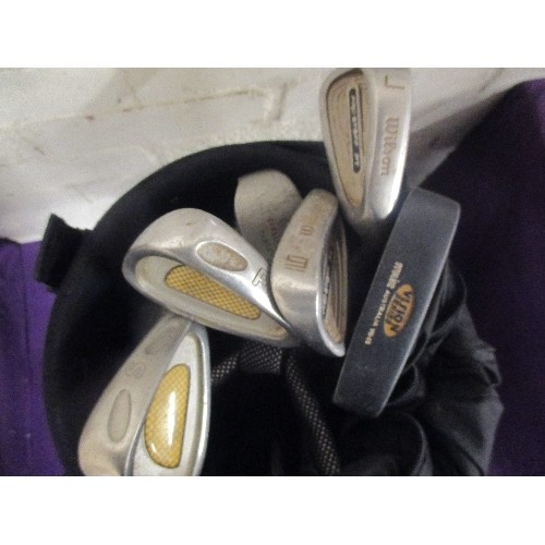 158 - GOOD QUALITY 'MASTERS' GOLF BAG, FULL OF IRONS/CLUBS ETC.