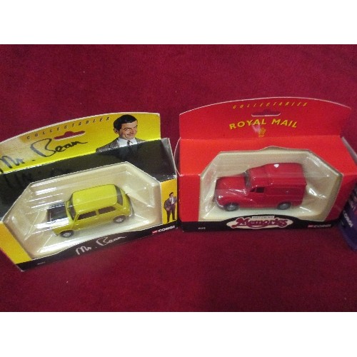 213 - 4 BOXED COLLECTABLE CORGI DIE-CAST VEHICLES. INC MR BEAN'S MINI, CADBURYS FRUIT & NUT VAN, AND ROYAL... 