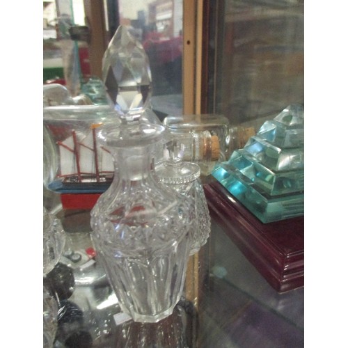 14 - MIXED GLASS INC CAR BOTTLE DECANTER, SHIP IN A BOTTLE,  GLASS PYRAMID, OPEN SALT WITH SILVER RIM LON... 