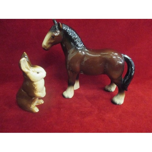 16 - POOLE POTTERY RABBIT FIGURE 14CM AND A CERAMIC SHIRE HORSE - 18CM H