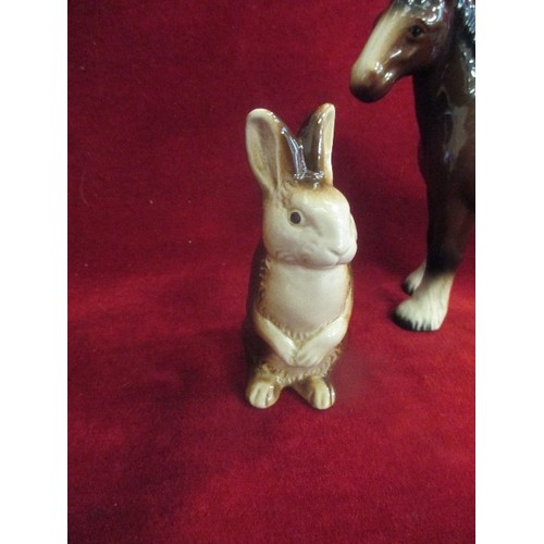 16 - POOLE POTTERY RABBIT FIGURE 14CM AND A CERAMIC SHIRE HORSE - 18CM H