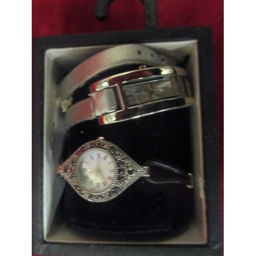 38 - TWO NEXT LADIES WRIST WATCHES. ONE IN ART DECO STYLE WITH MARCASITE FRAME, THE OTHER CONTEMPORARY ST... 