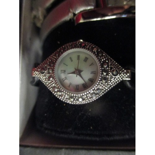 38 - TWO NEXT LADIES WRIST WATCHES. ONE IN ART DECO STYLE WITH MARCASITE FRAME, THE OTHER CONTEMPORARY ST... 