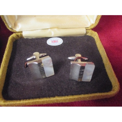 45 - FOUR PAIRS OF CUFFLINKS INC STERLING SILVER AND JET BY W KRUK, RETRO GILT METAL WITH LAVA ENAMEL, MO... 