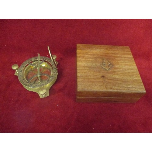 62 - NAUTICAL BRASS SUNDIAL COMPASS IN A TEAK WOOD BOX WITH BRASS ANCHOR INLAY