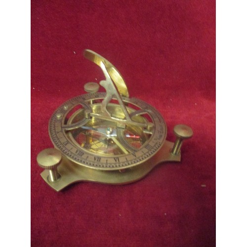 62 - NAUTICAL BRASS SUNDIAL COMPASS IN A TEAK WOOD BOX WITH BRASS ANCHOR INLAY