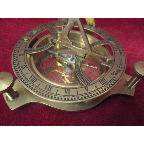 62 - NAUTICAL BRASS SUNDIAL COMPASS IN A TEAK WOOD BOX WITH BRASS ANCHOR INLAY